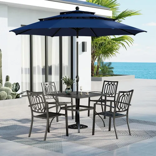 Vista 23 de MFSTUDIO Juego de mesa de comedor para patio al aire libre con paraguas, 4 sillas giratorias y 1 x 37 cuadrado Bistro forjado Iorn Slat mesa grande