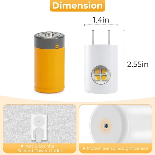 Vista 5 de Paquete de 4 luces nocturnas con sensor de movimiento, luz nocturna LED de pared enchufable con sensor de atardecer a amanecer, encendido/apagado