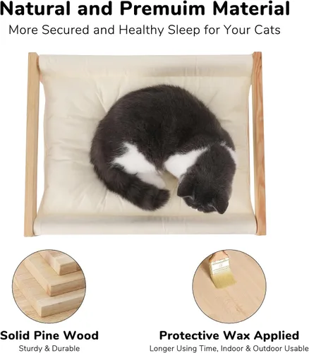 Vista 5 de FUKUMARU Hamaca Cama para Gatos, Cómodo Sofá de Terciopelo para Gatos de Interior, Percha de Madera Elevada para Gatos, Sofá para Mascotas de 21