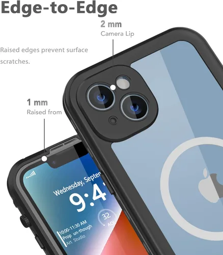 Vista 6 de Funda impermeable para iPhone 14, a prueba de golpes, a prueba de polvo, protector de pantalla integrado, anillo magnético negro