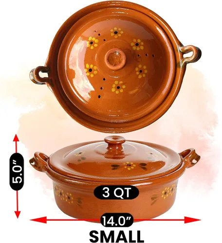 Vista 4 de Ancient Cookware, Maceta plana de arcilla mexicana Cazuela, pequeña, 3 cuartos de galón