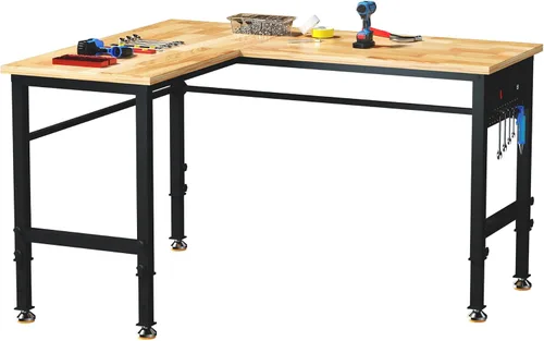 Vista 11 de Betterhood Banco de trabajo de altura ajustable, estación de trabajo resistente con parte superior de madera de goma de 48 pulgadas con tomas