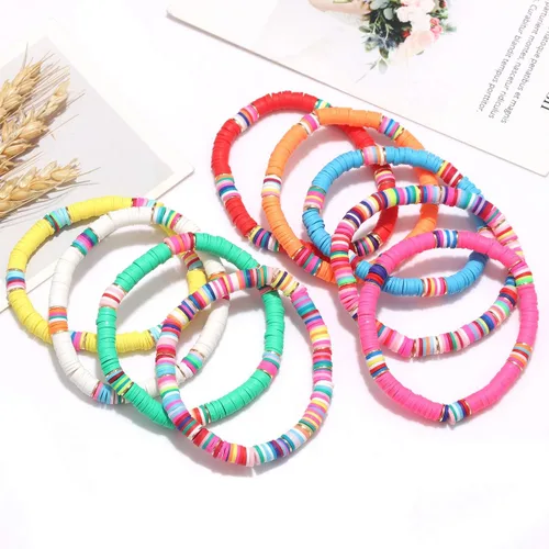 Vista 125 de Surfer Heishi - Pulseras apilables para mujer, apilables, de vinilo arcoíris, disco de arcilla, pulseras elásticas para la amistad, joyería bohemia