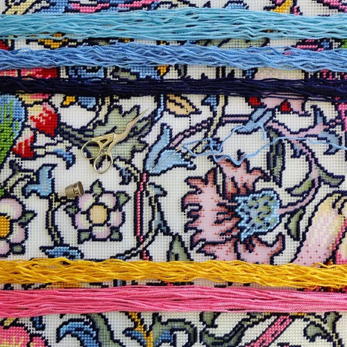 Vista 2 de Kit de bordado floral para adultos y principiantes - Lodden. Claveles de William Morris de 16 × 16 pulgadas con diseño impreso claro y preciso
