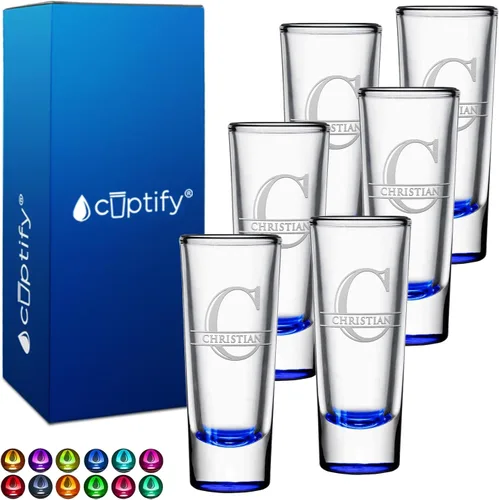 Vista 102 de Vaso de chupito personalizado con fondo negro personalizado de 2 oz, vasos de chupito cordiales con inicial y nombre en script dividido