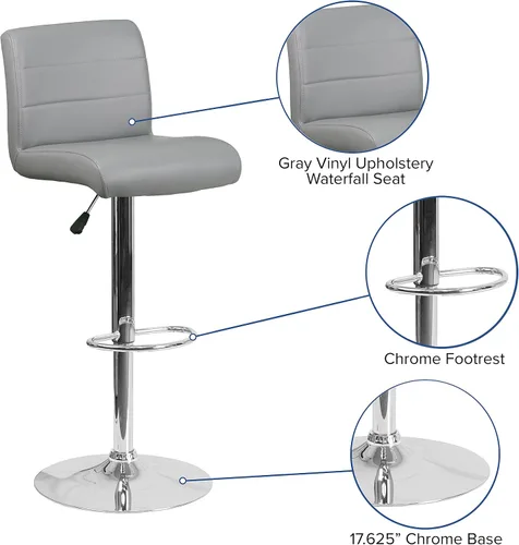 Vista 4 de Flash Furniture Taburete de bar de altura ajustable de vinilo gris contemporáneo con asiento enrollado y base cromada