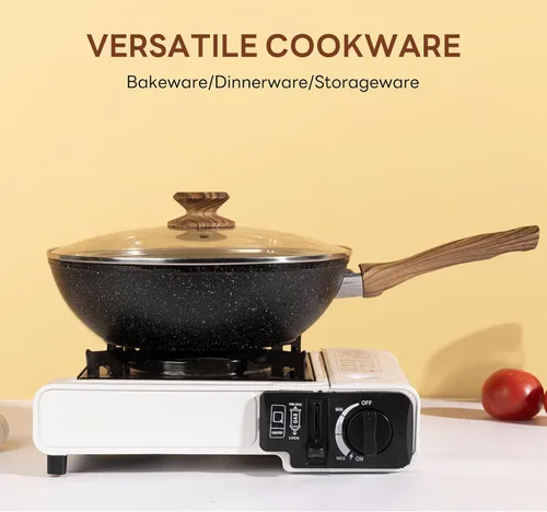 Vista 8 de Sweetcrispy Juego de 17 ollas y sartenes antiadherentes, juego de cocina no tóxico con asas que se mantienen frescas, negro natural