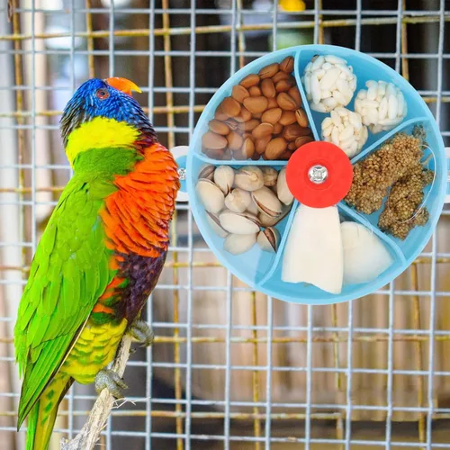 Vista 6 de Bird Creative Foraging System Wheel Seed Food Ball Rotate Training Toy para loros pequeños y medianos Periquitos Cacatúa Conure (azul)
