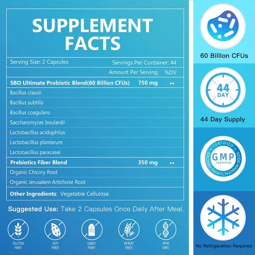 Vista 6 de NATURE TARGET Probióticos para mujeres y hombres, prebióticos y probióticos para la salud intestinal, 60 mil millones de UFC - 88 cápsulas