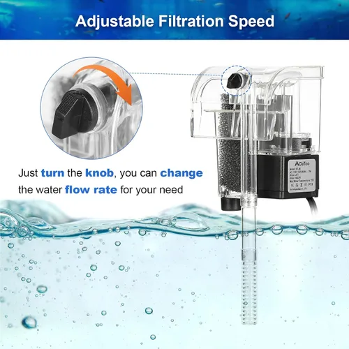 Vista 5 de DaToo Filtro de acuario para colgar en cascada, filtro de pecera, silencioso, 66 GPH 3 W, filtros ajustables para pecera con espuma biológica