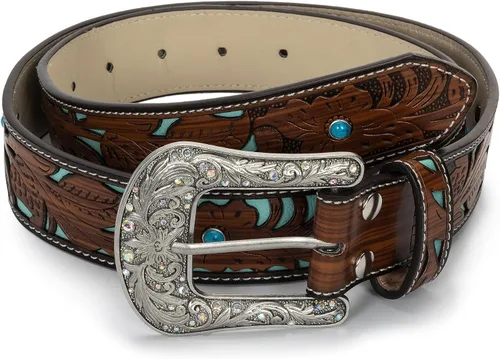 Vista 7 de Western-Cowgirl-Cinturones para Mujer y Hombre Turquesa-Decorado-Hebillas Plateadas-Cinturones de Cuero de Vaquero Occidental para Pantalones