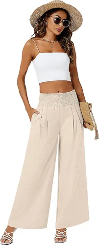 Vista 7 de Neer 2 piezas de pantalones palazzo de lino para mujer, cintura alta fruncida, pierna ancha, pantalones casuales de playa, pantalones con bolsillo