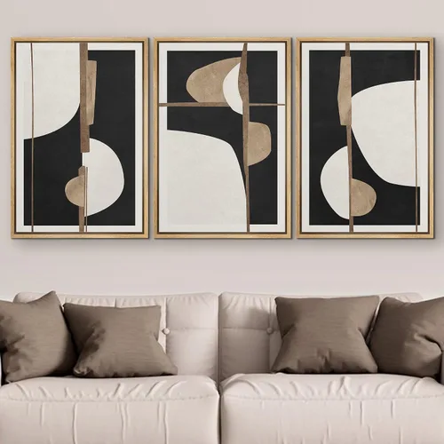 Vista 444 de SIGNFORD - Set de obras de arte en lienzo enmarcado para pared, ilustraciones abstractas de neblina del desierto en tonos neutros beige y marrón