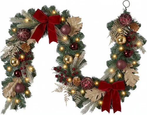 Vista 8 de Valery Madelyn Guirnalda de Navidad preiluminada de 9 pies con bolas de oro rojo/dorado