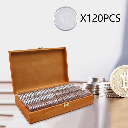 Vista 2 de Soporte para monedas de madera de 0.787-1.811 in, 120 cápsulas de monedas altamente transparentes con junta de espuma, soporte para coleccionista