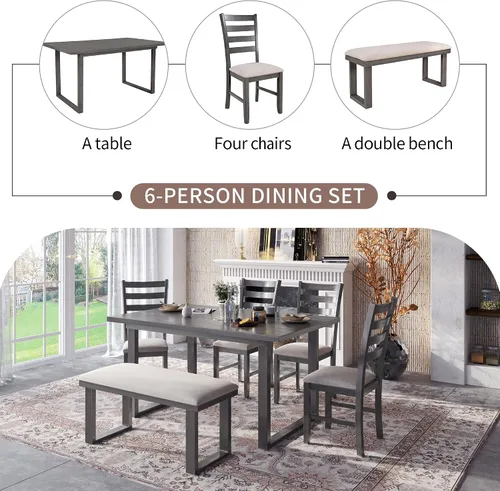 Vista 4 de Quarte Juego de mesa de comedor de 6 piezas, juego de mesa rectangular de madera rústica con 4 sillas y banco, perfecto para cocina y familia