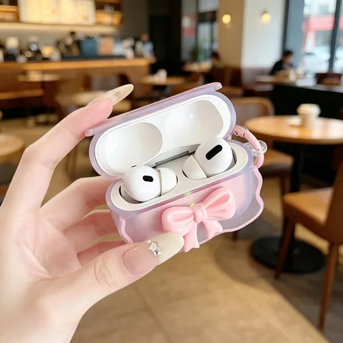 Vista 4 de Bonita funda transparente para AirPods Pro 2/1 Gen, diseño de lazo 3D femenino, funda protectora y a prueba de golpes de TPU suave Kawaii para Apple