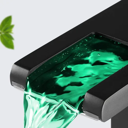 Vista 7 de Grifo de baño con luz LED RGB, boquilla de cascada, color negro, 3 colores cambiantes, mango de un agujero, conjunto de drenaje a juego