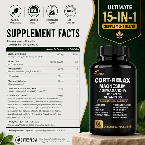 Vista 8 de Suplementos de cortisol súper calmados para mujeres y hombres con glicinato de magnesio, Ashwagandha, L-teanina, fosfatidilserina, ginkgo y melena
