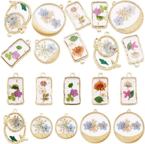 Vista 14 de Dijes de resina de flores secas, corazón redondo, lágrima, rombo, rectángulo, resina epoxi, aretes para manualidades, collares, pulseras