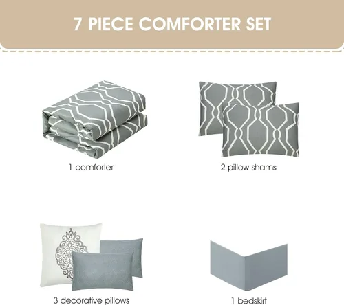 Vista 3 de Grand Avenue Juego de edredón geométrico de 7 piezas, tamaño King, ropa de cama con estampado de microfibra, juego de ropa de cama para todas