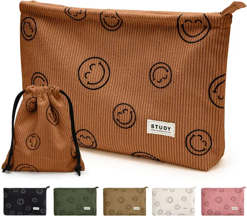 Vista 23 de WLLWOO - 2 bolsas de maquillaje de pana con cara sonriente, bolsa de cosméticos con cremallera interior impermeable, estuche para lápices, monedero