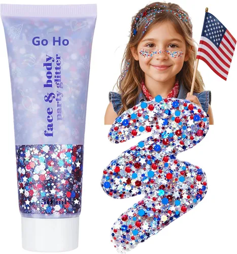 Vista 23 de Go Ho Brillantina azul para rostro y cuerpo, pintura facial azul de Halloween, gel brillante de sirena, lentejuelas gruesas holográficas para ojos