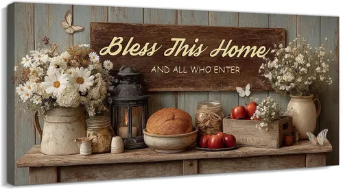 Vista 3 de TIMUBA Decoración de pared de cocina de granja, arte de pared de cocina con texto en inglés "Bless This Home and All Who Enter Kitchen Blessing