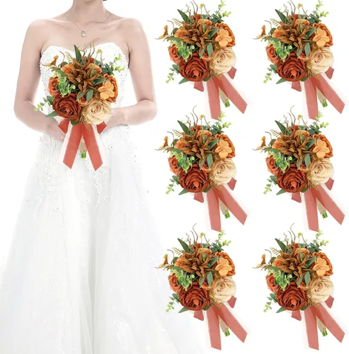 Vista 15 de Ramos de novia bohemios para boda, ramos de 9 pulgadas de flores artificiales para decoraciones de centro de mesa de ceremonia y aniversario, rosas