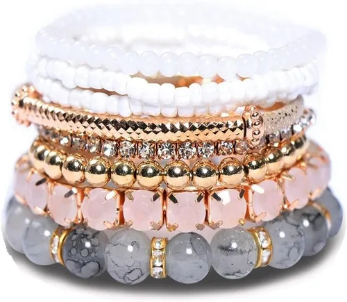 Vista 4 de Pingyongchang - Juego de pulseras apilables de múltiples capas estilo bohemio con cuentas de cristal para mujer, hechas a mano, con cuentas doradas