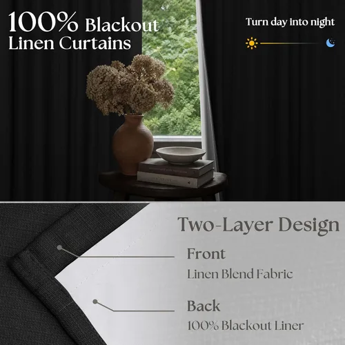 Vista 2 de Juego de 2 paneles de cortinas plisadas negras de 80 pulgadas para sala de estar, cortinas plisadas de lino con forro de 80 pulgadas de largo, 100%