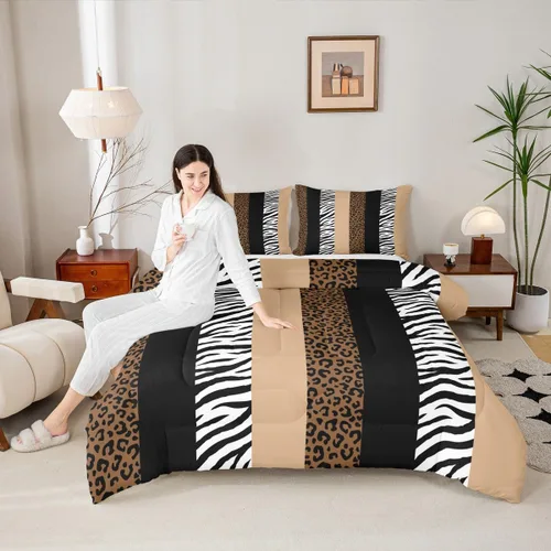 Vista 41 de Juego de edredón con estampado de leopardo para niños, tamaño individual, juego de ropa de cama de moda de piel de guepardo abstracto, decoración