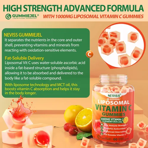 Vista 7 de Gomitas liposomales de vitamina C de 1000 mg para adultos – Vitamina C masticable 1500 mg con 8 mg de hierro, zinc y saúco – Apoyo inmunológico