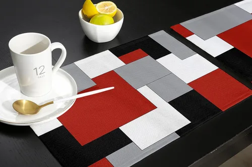 Vista 5 de Juego de 4 manteles individuales de color rojo, negro y gris, manteles individuales con aislamiento térmico antideslizantes, lavables, manteles