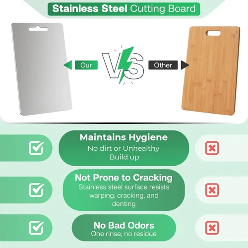 Vista 2 de Tablas de cortar de acero inoxidable para cocina, acero inoxidable 304 de grado alimenticio, tabla de cortar no tóxica de doble cara, tablas