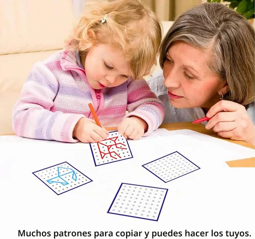 Vista 4 de Thoth Tablero geométrico de madera Montessori, material matemático para manipular, bloques de arreglo con 36 tarjetas de patrones y bandas de goma