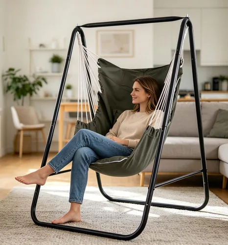 Vista 2 de Silla hamaca con soporte, soporte para silla hamaca con columpio colgante incluido, soporte de hamaca resistente a la intemperie, máximo 450 libras