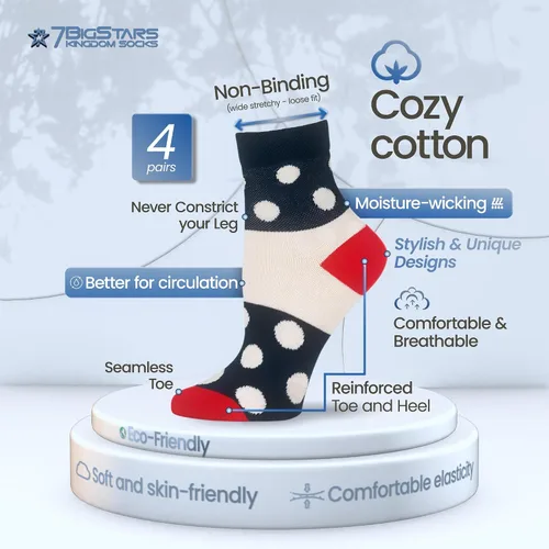 Vista 30 de 7BIGSTARS KINGDOM Women's Cotton Quarter Non-Binding Diabetic Fashion Socks-L-M-4 Pack-Multicolor
