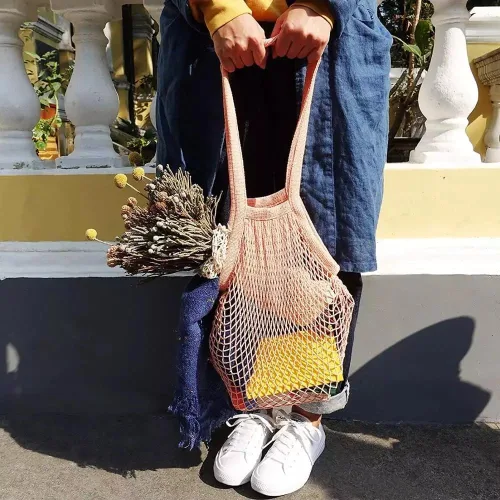 Vista 6 de Green Handle US - Bolsa de red de malla con asa de hombro larga, elástica, reutilizable, para compras, almacenamiento de juguetes de playa