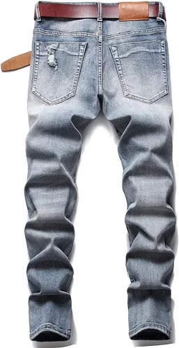 Vista 2 de XIMXIMMTIAN Jeans rectos para hombre, estilo motociclista, desgastados, desgastados, desgastados, rectos