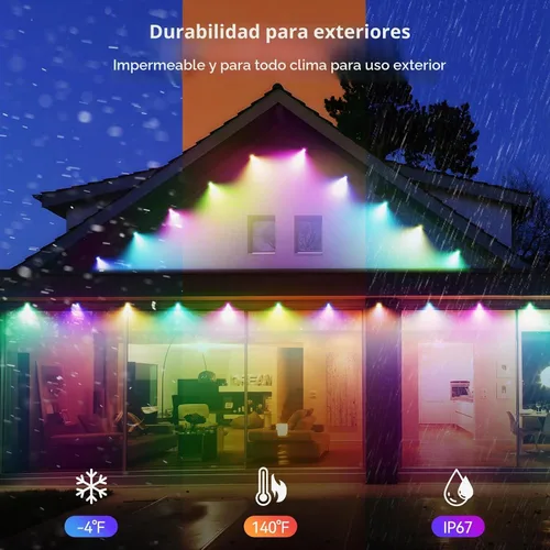 Vista 4 de TECKNET Luces permanentes para exteriores de 100 pies, luces LED RGBIC inteligentes de Navidad, modos preestablecidos/bricolaje, sincronización