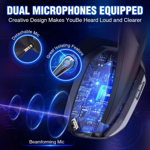 Vista 4 de TA3000 - Auriculares inalámbricos para juegos para PC, PS5, PS4, Switch, Mac, Bluetooth USB con micrófonos desmontables e integrados, aislamiento