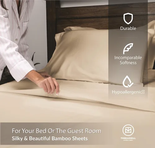 Vista 2 de Threadmill Juego de sábanas de rayón de bambú para cama de tamaño matrimonial, 4 piezas refrescantes color beige, suaves como la seda, ligeras