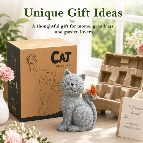 Vista 3 de Nacome Estatuas de Gato para Exteriores para Jardín: Decoración Exterior con Mariposa en Liquidación para Arte de Patio, Adornos de Césped, Porche