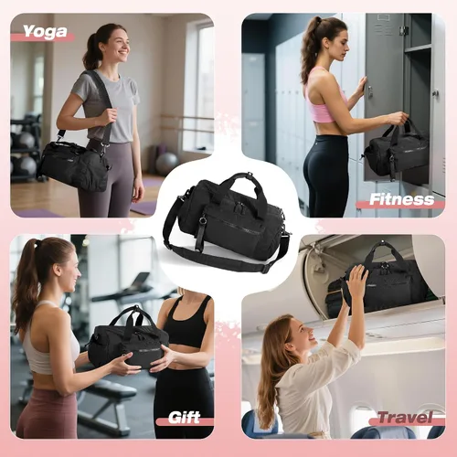 Vista 7 de Pequeña bolsa de gimnasio para mujer, bolsa de viaje con compartimento impermeable, bolsa de transporte para el fin de semana para deportes