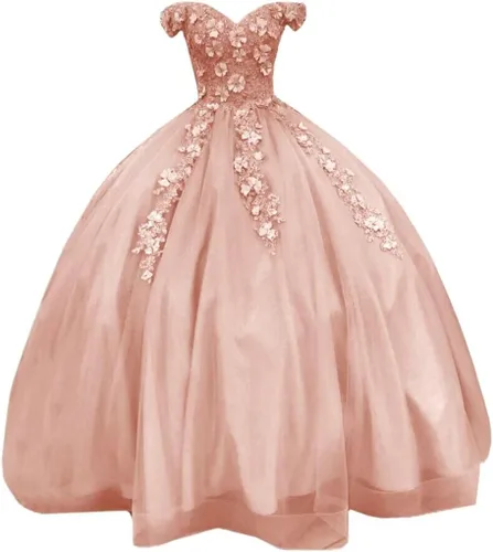 Vista 4 de TRHTX Vestidos de quinceañera de encaje, vestido de bola hinchado con hombros descubiertos, vestidos de baile de graduación, flores florales dulces
