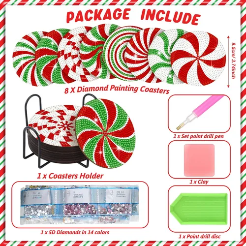 Vista 3 de Perthlin 8 posavasos de arte de diamantes de Navidad, árbol de Navidad, gnomo de caramelo, juego de pintura con soporte, kit de pintura de diamantes