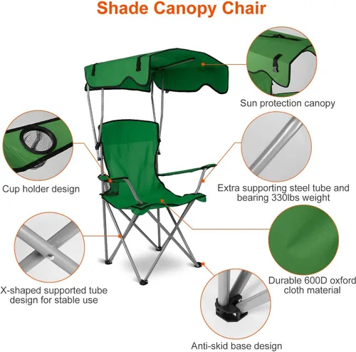 Vista 5 de iMounTEK Silla de campamento plegable con toldo para campamento con sombra, protección solar, sillón reclinable con bolsa de transporte, asiento