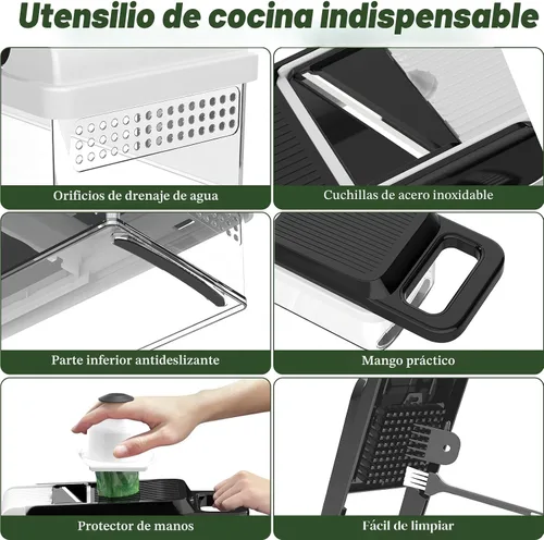 Vista 6 de StoreHappily Picador de Verduras 12 en 1, Picador de Verduras de 7 Cuchillas con Recipiente y Tapa, Cortador en Cubitos, Rebanador, Utensilios