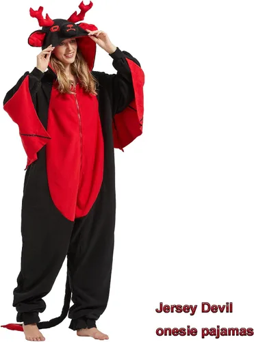 Vista 2 de WAWRTOU Jersey Devil Onesie para adultos - Halloween de una sola pieza mítico y cómodo unisex